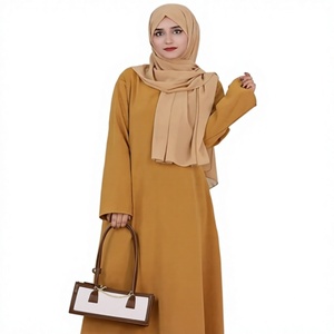Abaya femme couleur moutarde unie, manches longues, col rond, robe longue modeste en coton, coupe ample, pour usage quotidien, style Moyen-Orient - Product Image 1