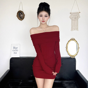 Off Shoulder Red Dress Long Sleeve Sheath Sexy Solid Color Natural Waistline Autumn Winter Christmas Party Wear - Product Image 5