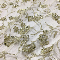 Tissu de haute qualité, luxueux, tissé, 100% polyester, entièrement brodé d'or clair, paillettes brillantes, dentelle en tulle, robes de mariée