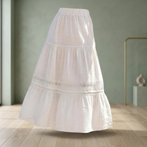Women's <b>Elastic</b> Waist Linen A-Line Midi Skirt With <b>Lace</b> Trim Prairie Chic Style Solid Color Breathable Woven Fabric - Product Image 4
