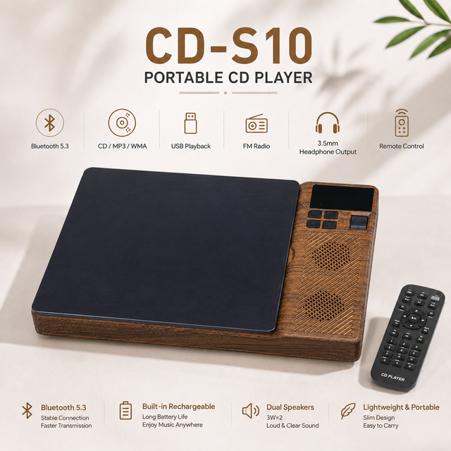 CD MP3 Spieler Wood Grain CD Player  5.3 USB FM Radio 3W Dual Speaker LED Display