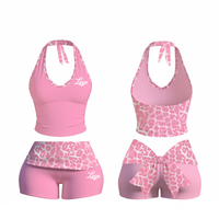 Conjunto de Ropa Y2K para Mujer, con Logotipo Personalizado, 2 Piezas, Estampado de Leopardo, Top Halter y Pantalones Cortos con Cintura Plegada, Conjunto Deportivo Ajustado
