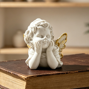 Coppia di Busto di Cherubini in Resina con Ali Dorate, Statuette di Angioletti Bianchi Antichi, Set Regalo per Decorazione Domestica da Tavolo - Product Image 2