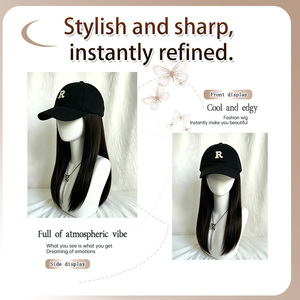 Casquette de baseball noire avec perruque intégrée et broderie lettre <span class=keywords><strong>R</strong></span>, perruque-chapeau en cheveux synthétiques lisses naturels de 20 pouces pour femme, usage quotidien décontracté - Product Image 3