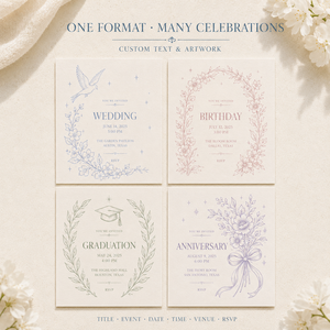 Biglietti d'invito personalizzati per celebrazioni, stile vintage con <span class=keywords><strong>disegno</strong></span> a linee, cornice floreale con colomba, carta opaca testurizzata, biglietti d'invito personalizzati per eventi - Product Image 6