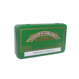 embossed thin rectangular tin box with hinged lid for cigarettes and tobacco