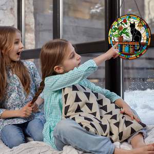 Cat Suncatcher Stained Glass <strong>Window</strong> Hanging <strong>Book</strong> Lover Gift for <strong>Women</strong> Handmade Black Cat on Bookshelf Home Decor - Product Image 4