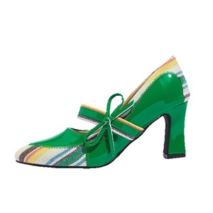 Scarpe da Festa Xuanhui con Tacco a Blocco 7,5 cm, Punta a Spillo, Stile Mary Jane, Motivo Intrecciato Etnico, Verdi a Righe Colorate - Product Image 5