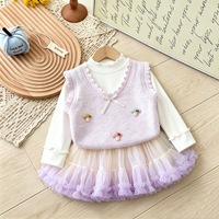 Dreiteiliges Mädchen-Outfit, Strickweste, langärmliges Oberteil und Tüll-Tutu-Rock, süßes Prinzessinnen-Set für Frühling und Herbst
