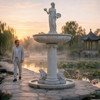 Fontaine d'eau en marbre avec statue de déesse Lotus, feuille de fleur et colonne grenouille pour Plaza, parc, hôtel, jardin, villa, propriété