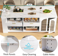 Îlot de cuisine de 71 pouces avec rangement, table en faux marbre blanc avec sièges, armoire d'îlot fixe avec tiroirs
