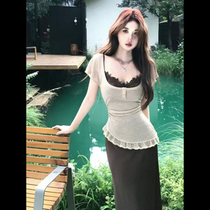 French Retro Lace Trimmed Short Sleeve Top With Camisole Maxi Skirt Set For Women Spring Summer Slim Fit Two Piece Outfit - Product Image 3