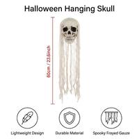 Squelette de crâne suspendu effrayant de 60 cm pour Halloween avec drap de cérémonie en gaze blanche, accessoires de fête pour maison hantée, jardin et extérieur