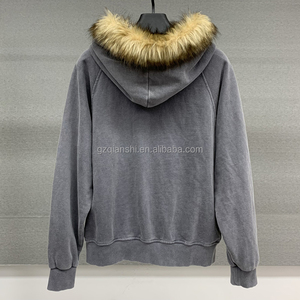 Custom Winter Vintage Double Zip Hoodies Cotton Heavy Weight Faux <b>Fur</b> Hat Hoodie Manufacturers Oversized Acid Wash Zip up Hoodie - Product Image 3