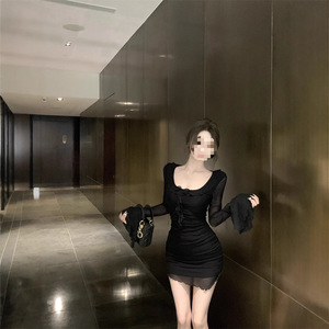 Black Ruffled Round Neck Sheath Dress Slim Fit Mesh Mini Skirt Waist Cinching Hip Hugging Pure Alluring Style - Product Image 3