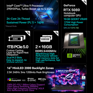 Ordinateur portable <span class=keywords><strong>gamer</strong></span> <span class=keywords><strong>Asus</strong></span> Rog Strix G16, processeur Core9-290H, RTX5080, accessoires pour ordinateur portable <span class=keywords><strong>gamer</strong></span>, écran MiniLED 16 pouces 2.5K, ordinateurs portables personnels et domestiques - Product Image 2