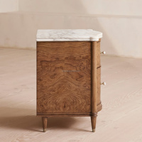 Table de chevet double en marbre, style vintage américain majestueux, avec placage d'arbre et poignées en marbre, meuble d'appoint artisanal