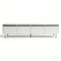 Meuble TV moderne blanc cannelé avec pieds dorés, grand rangement, console multimédia de luxe pour salon, couleur personnalisable, montage facile