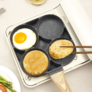 Four Hole Breakfast Pan Non Stick Coating Aluminum Frying Pan For Home Use With Wooden Handle - Product Image 1
