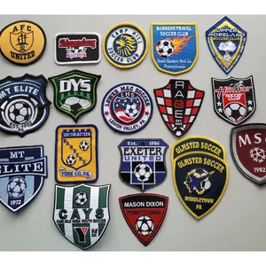 Custom wholesale sports cloth woven embroidered soccer football 3d heat press iron on patches badges for clothes hats