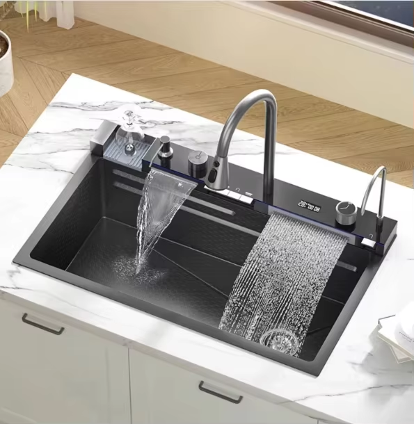 2026 Edition Smart LED Digital Display Kitchen Sink Multifunction Modern Waterfall Stainless Steel Smart Kitchen Sink