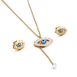 Ensemble collier et boucles d'oreilles œil porte-bonheur en cristal plaqué or 18 carats pour femme - Mariage, fiançailles, anniversaire, fête - Product Image 1