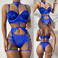 Ensemble de lingerie sexy trois pièces TJ en spandex avec porte-jarretelles et dentelle, col licou, vente directe usine