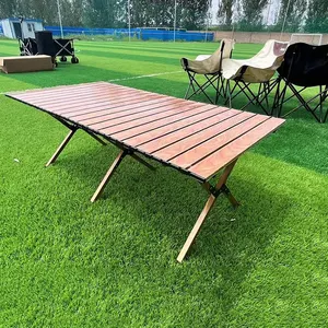 Meja Kemah, meja piknik portabel gulung, kayu rendah Aluminium, logam Stainless Steel, lipat, Modern luar ruangan