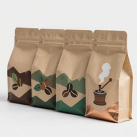 Sacs à café imprimés personnalisés sac en papier d'aluminium à fond plat avec valve pochette d'emballage recyclable en papier kraft avec fermeture éclair en grains de café