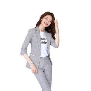 Women's Three Quarter Sleeve <b>Blazer</b> And Pants <b>Set</b> Grey Anti Wrinkle Formal Suit For Commute Spring Summer Autumn - Product Image 5