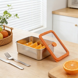 Stackable Leak Proof 3-Piece Set Modern Design Rectangle Stainless Steel Food Storage Container with Orange Glass Lid - Product Image 4