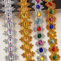 Ruban décoratif en dentelle dorée et argentée, orné de cristaux, de diamants en acrylique et de paillettes, pour vêtements ethniques, accessoires de chapeau, garniture DIY