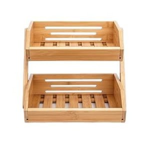 Double Layer Bamboo Fruit Rack With Drainage <b>Kitchen</b> Countertop Storage Vegetable Basket Eco Friendly Square Design - Product Image 5