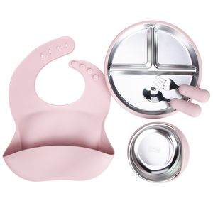 Bán buôn tùy chỉnh BPA free Kid Bộ đồ ăn khác sản phẩm Silicone Bát thép không gỉ tấm hút yếm bé ăn đặt <span class=keywords><strong>2025</strong></span> mới - Product Image 2