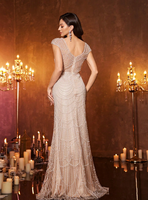Robe de soirée formelle pour femme, col bateau, avec superposition en maille ornée de fausses perles et de paillettes, manches courtes, ourlet sirène, couleur unie, collection Printemps