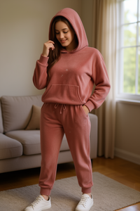 Tuta da donna in pile con cappuccio, maniche lunghe, tinta unita, vestibilità comoda, con tasche laterali e pantaloni con coulisse, per l'autunno - Product Image 2