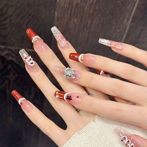 10 <span class=keywords><strong>Uñas</strong></span> Postizas Acrílicas Hechas a Mano con Diseño <span class=keywords><strong>de</strong></span> Copo <span class=keywords><strong>de</strong></span> Nieve 3D Rojo Francés para Navidad, Tamaño Mediano, Cobertura Completa, con Pegamento, Venta al por Mayor - Product Image 4