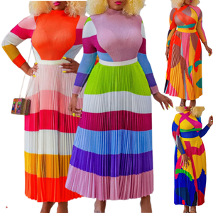 Ensemble deux pièces pour femmes D420, haut à manches longues à col rond, <span class=keywords><strong>jupe</strong></span> plissée à imprimé contrasté, ensemble <span class=keywords><strong>jupe</strong></span> deux pièces pour femmes - Product Image 1