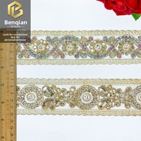 LEIXUSI 5cm Dentelle à sequins soluble dans l'eau de style ethnique, Bordure dorée pour accessoires de vêtements Hanfu de style chinois
