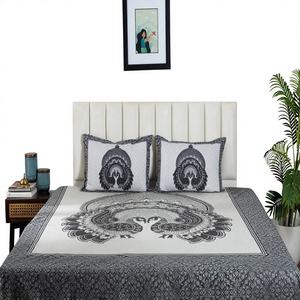 Black White Peacock Printed <b>Flat</b> Cotton Bedsheet Set Double Bed 300tc Eco-Friendly 2 <b>Pillow</b> Covers Hotel Home Style Wholesale - Product Image 1