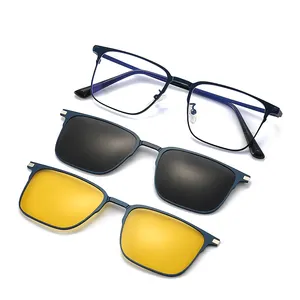 Montures de lunettes carrées en métal inoxydable Clip magnétique sur lunettes de soleil TAC nuances polarisées Lunettes de lunettes optiques bloquant le bleu
