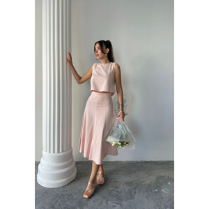 Conjunto de Dos Piezas para Mujer, Blusa sin Mangas de Gabardina y Falda Campana, Color Rosa Polvo, Talla S - Product Image 6