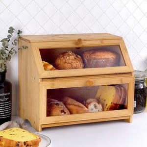 กล่องขนมปังไม้ไผ่สองชั้นพร้อมประตูกระจกสำหรับจัดเก็บในครัว - Product Image 1
