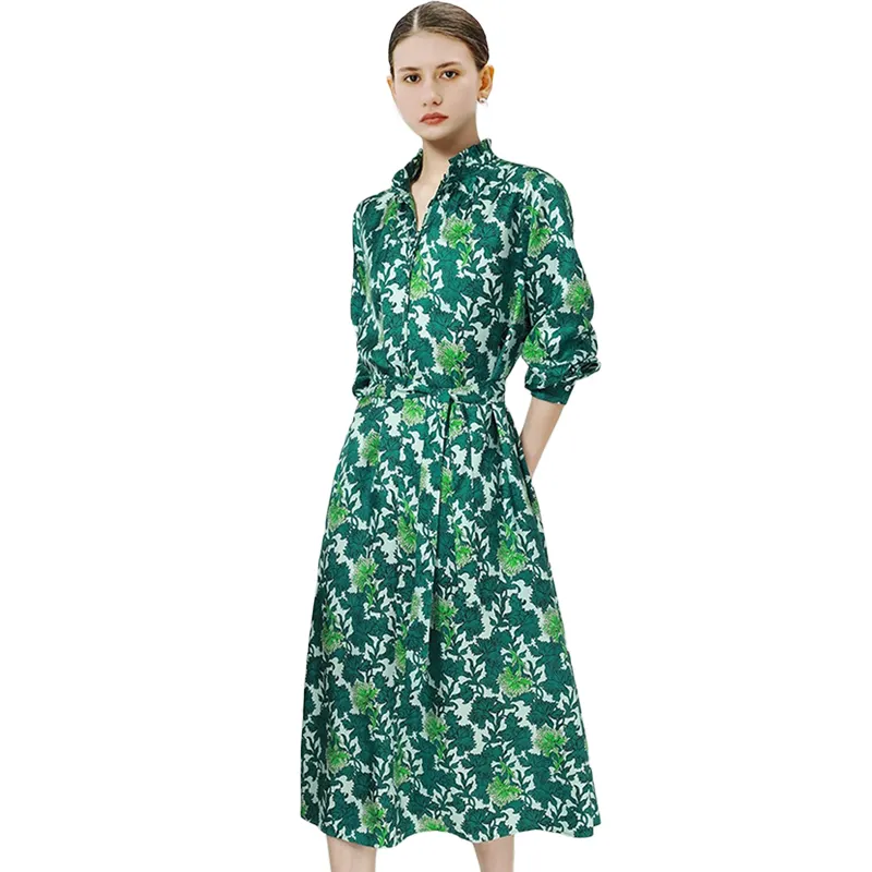 Hete Verkoop Twill Digitale Groene Flora Print Vrouwen Lange Mouwen Elegante Vintage Casual Zijden Overhemdjurk