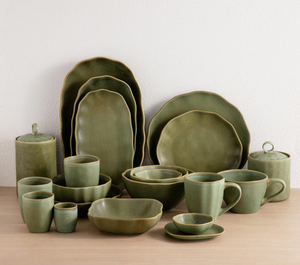 Elegant Wabi-Sabi Moss Green Reactive Glaze Dinnerware Set, Irregular Edge Stoneware Plates Bowls for Modern Kitchen & Gifting - Product Image 2