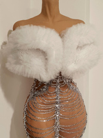 Robe de danse maxi blanche scintillante à épaules dénudées en tulle 3D moelleux et maille transparente nude, avec chaîne de strass AB, dos nu, pour tenue de scène sexy et drag