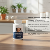 Capsules pour la thyroïde OEM contenant de l'iode, du sélénium, du zinc et de la L-tyrosine pour soutenir une fonction thyroïdienne saine.