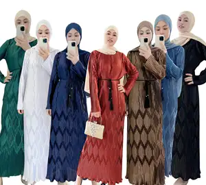 8031 Kuwii厂家直销2022新款设计伊斯兰4色圆领蕾丝卡夫坦打褶abaya女士穆斯林连衣裙abaya