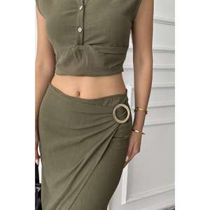 <b>Women's</b> Khaki <b>Linen</b> Suit <b>Set</b> Wholesale Shirt and Skirt Combination - Product Image 2