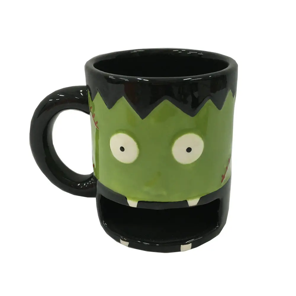 Custom Handgeschilderde Geglazuurde Keramische Beker; Halloween Keramische Groene Monster Cup Mok Met Koekjeshouder Ambachten En Geschenken